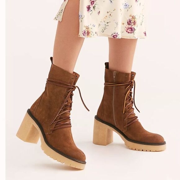 Free People Dylan Lace-Up Boots Platform Heel Brown Suede NWOB EU 40 US 10 - Picture 1 of 13